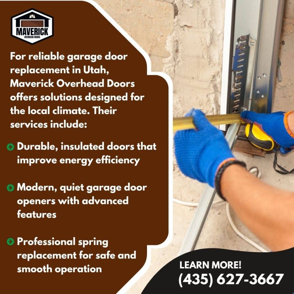 Promotional graphic for Maverick Overhead Doors offering reliable garage door replacement in Utah, with solutions designed for the local climate.