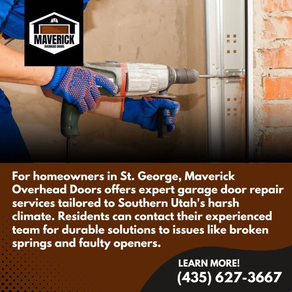 Promotional graphic for Maverick Overhead Doors offering professional spring repair and opener maintenance to prevent dangerous failures, with a warning that "Garage door accidents can happen in seconds."