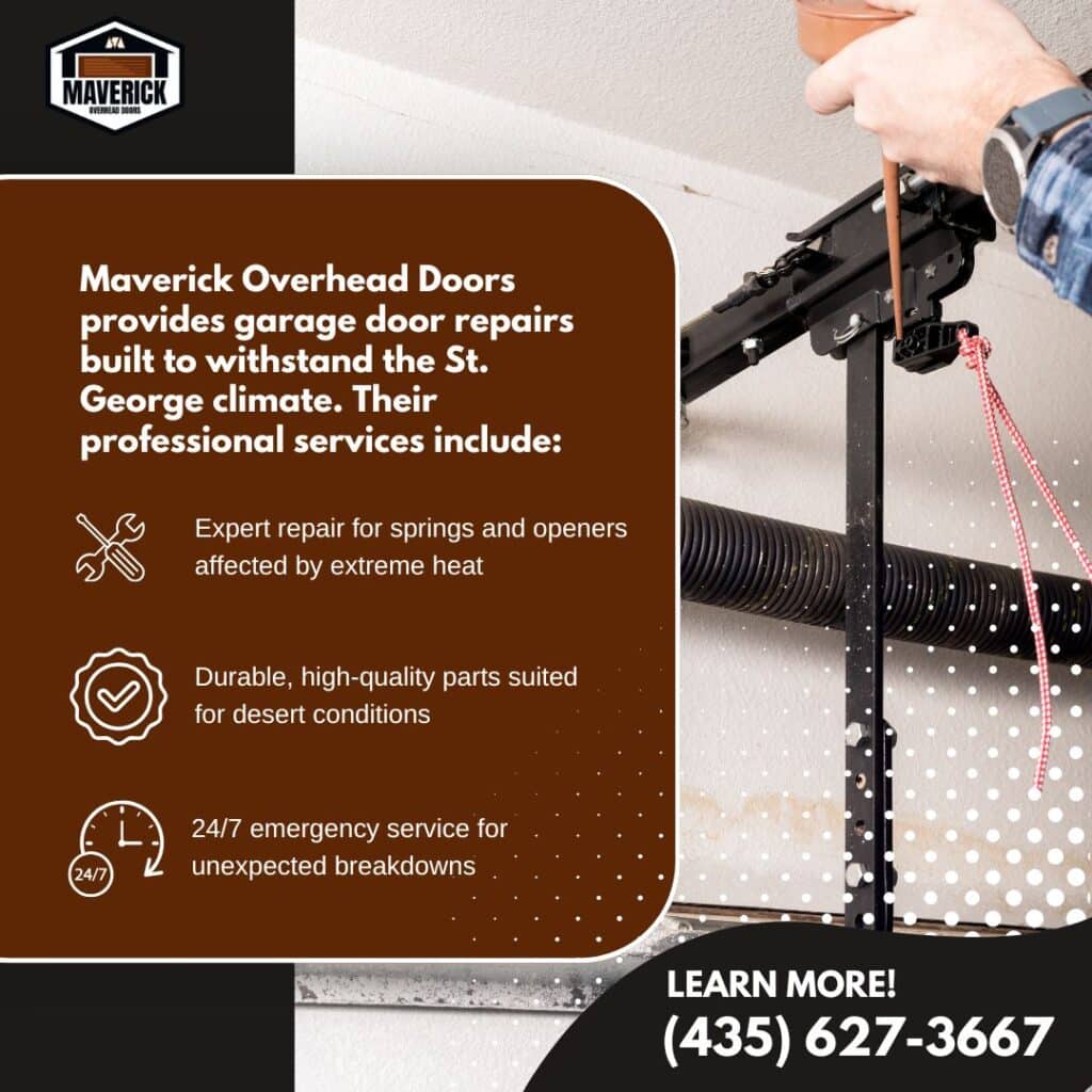 A checklist graphic from Maverick Overhead Doors listing five warning signs requiring immediate professional attention.