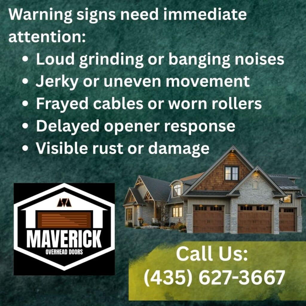 A checklist graphic from Maverick Overhead Doors listing five warning signs requiring immediate garage door attention: loud grinding/banging noises, jerky movement, frayed cables, delayed opener response, and visible rust/damage.